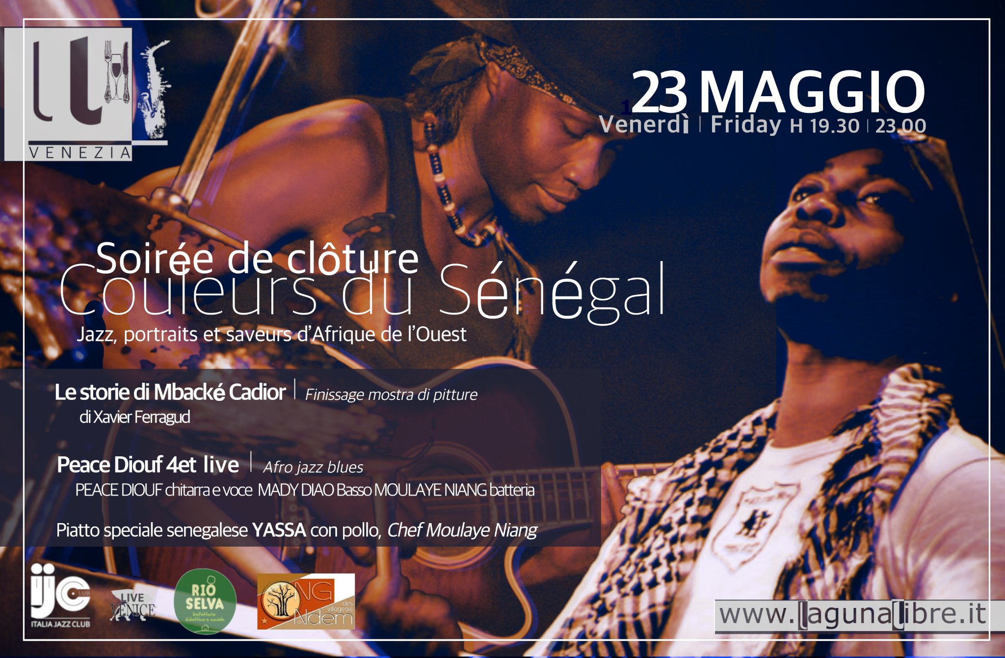 ocandina della serata 'Couleurs du Sénégal' al Laguna Libre con mostra di Xavier Ferragud, piatto Yassa senegalese e concerto afro jazz blues di Peace Diouf