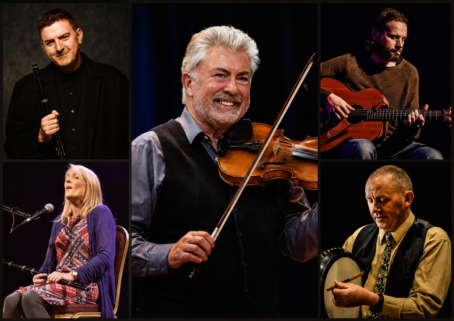Collage of six musicians performing on stage: violinist center with bow drawn, guitarists top right and left, a singer bottom left, and percussionist bottom right.
