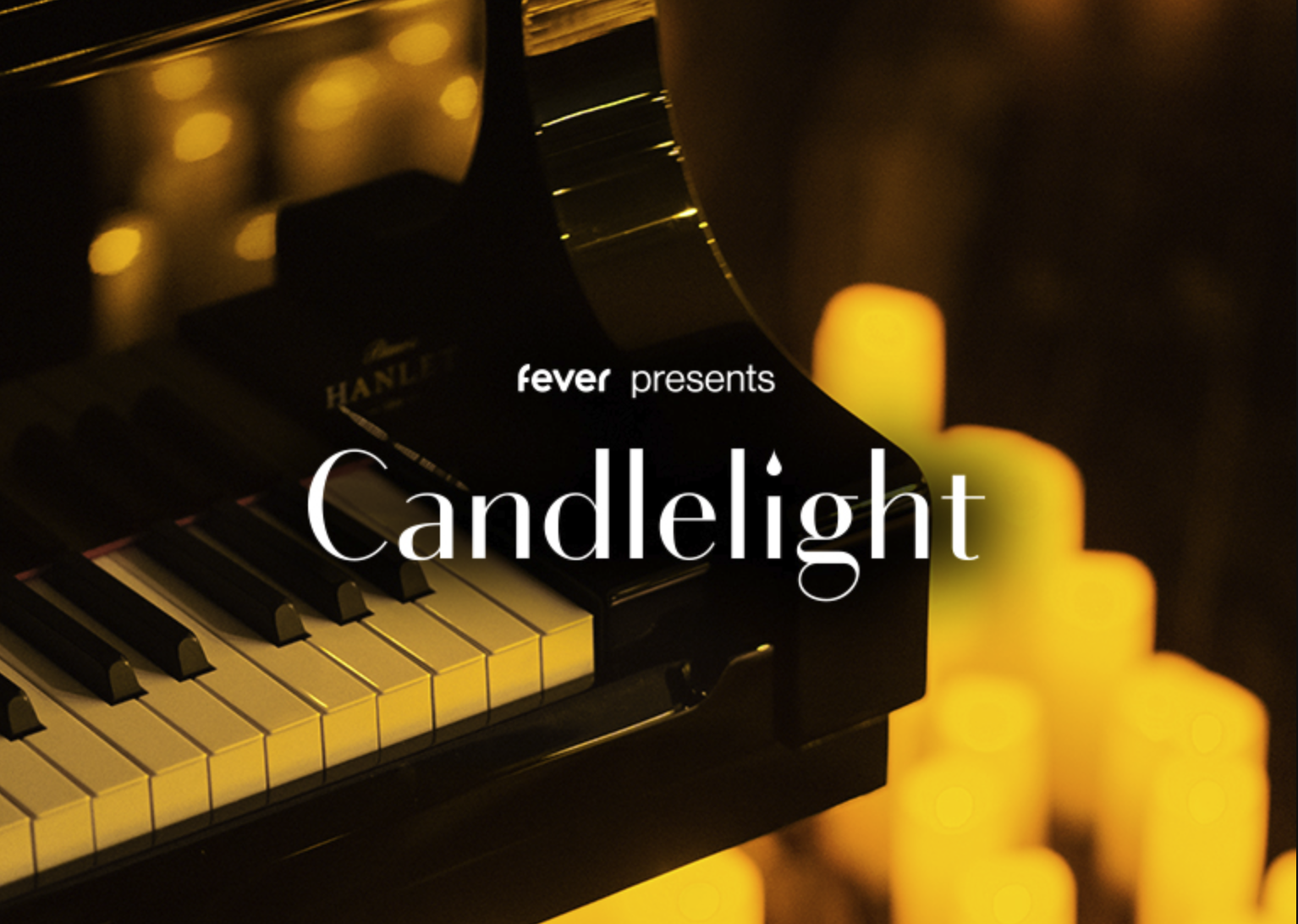 Piano keyboard in warm candlelight with 'fever presents Candlelight' text overlay.