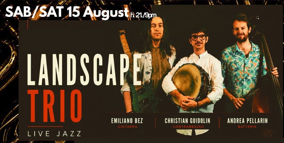 Poster for Laguna Libre World Jazz Club featuring a trumpet graphic, August gig dates, and photos of Gerard Balestrieri and the Landscape Trio against a dark background.