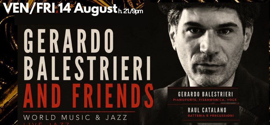 Jazz club poster for Laguna Libera with trumpet graphic, August event dates, and branding lines: World Jazz Club/Italy icons.